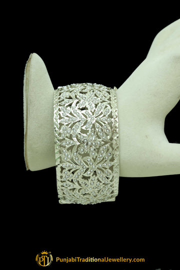 Silver Finished Pearl Jadau Free Karra Bangles (Pair) By Punjabi Traditional Jewellery